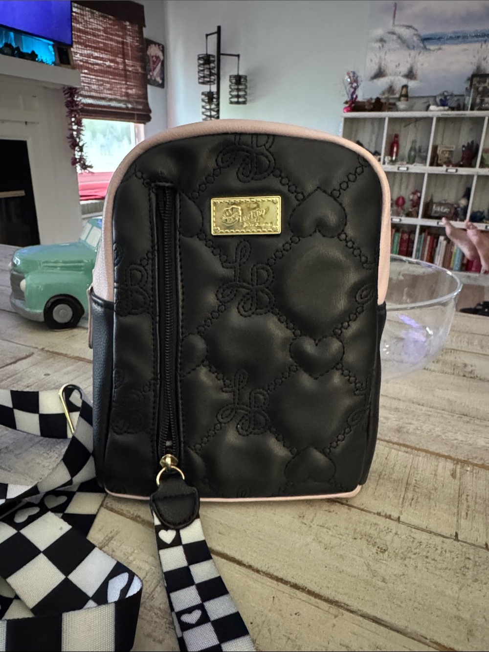 Betsey Johnson Black & Pink Quilted Heart Mini Crossbody Bag